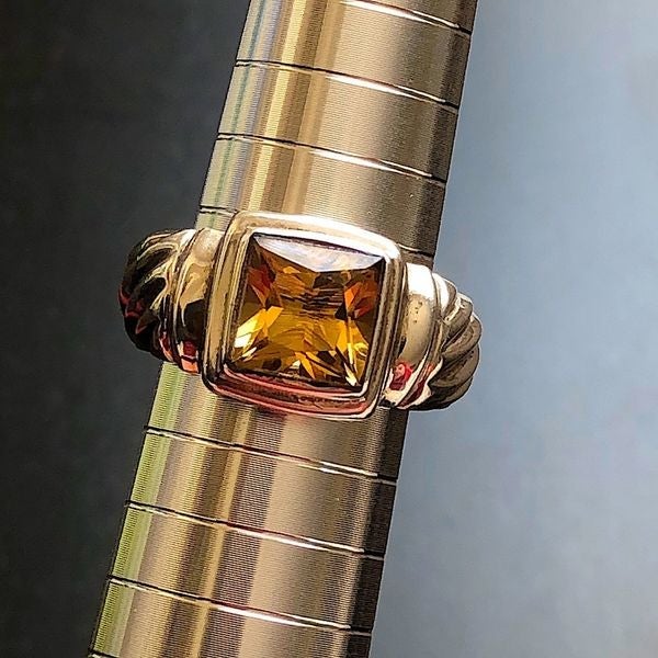 Vintage Sterling Silver Cushion Cut Faceted Citrine Ring
