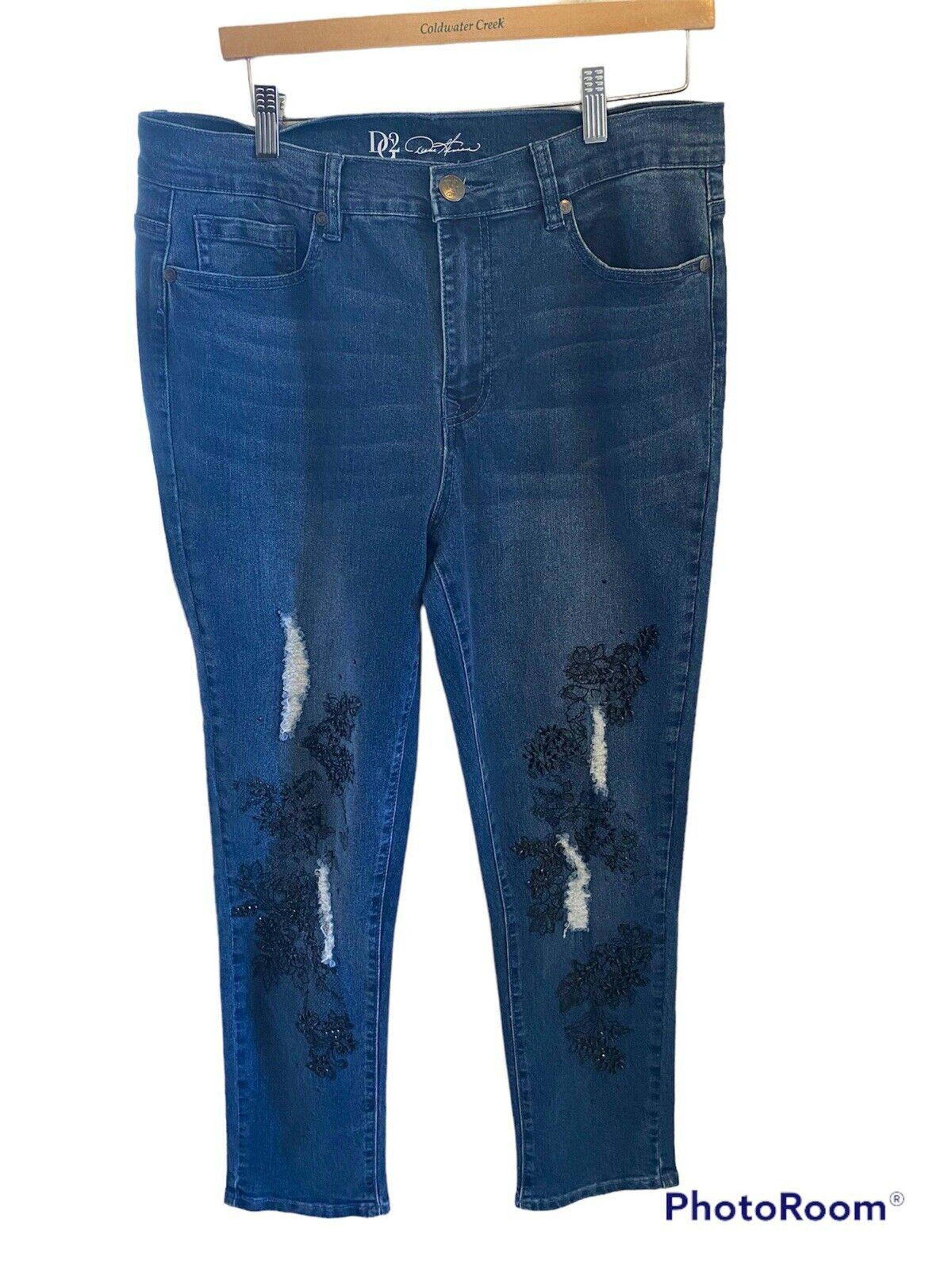 Diane Gilman dark wash distressed jeans with beading embellishment  Sz. 12