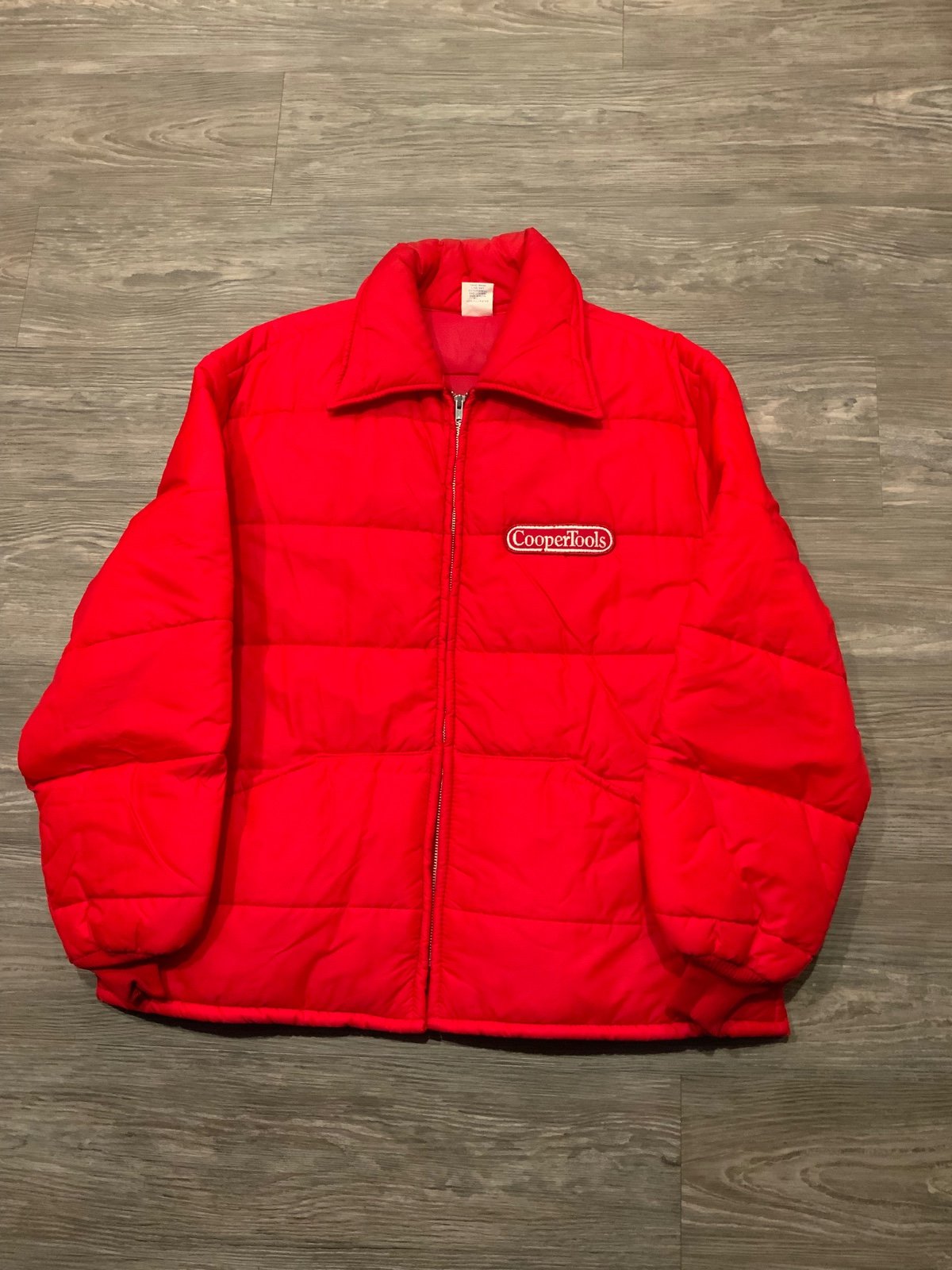 Vintage 70s Cap N Jac Cooper Tools Red Quilted Work Puffer Zip Jacket Sz. XL