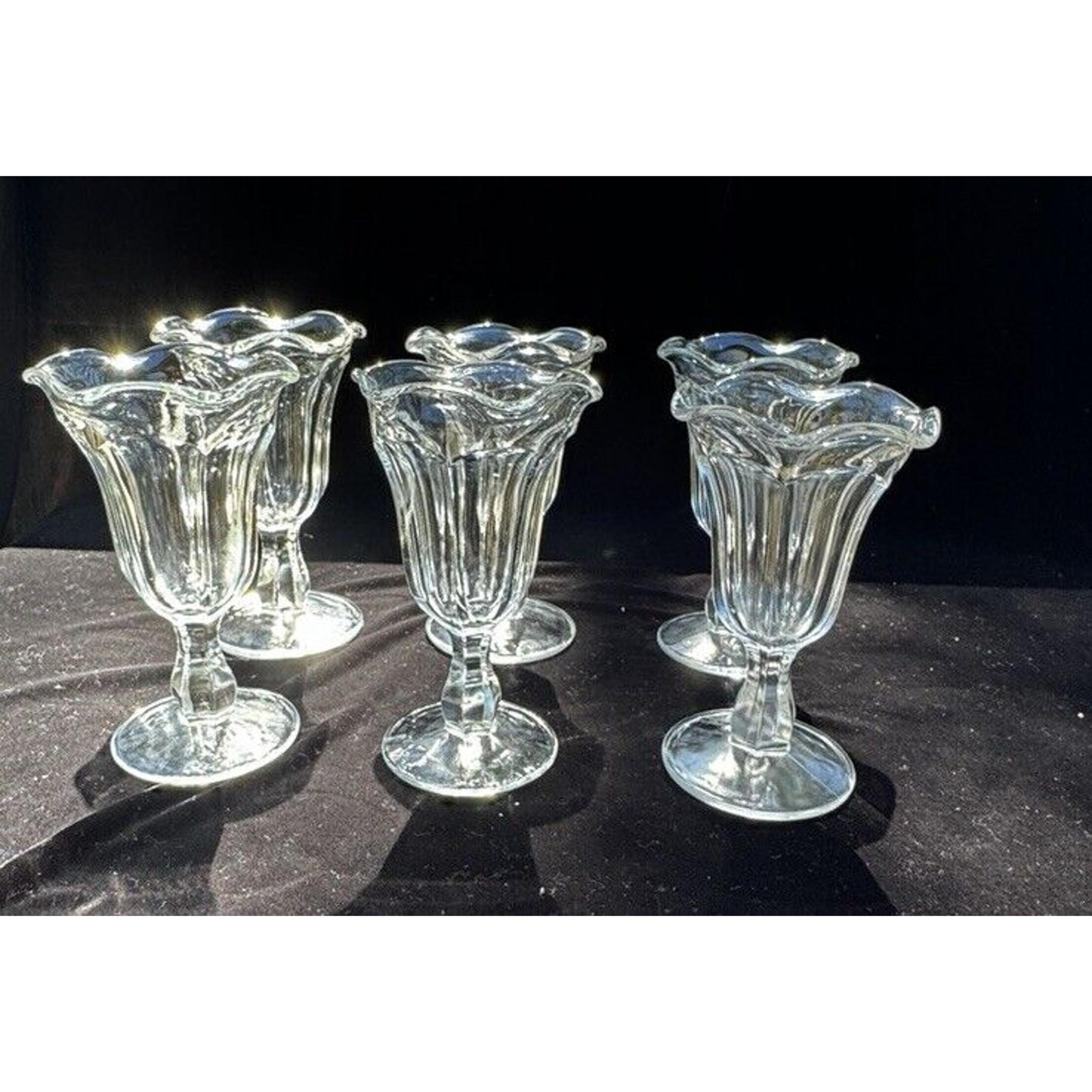 6 VINTAGE ANCHOR HOCKING CLEAR PARFAIT SUNDAY GLASSES 6” Tall Mint!