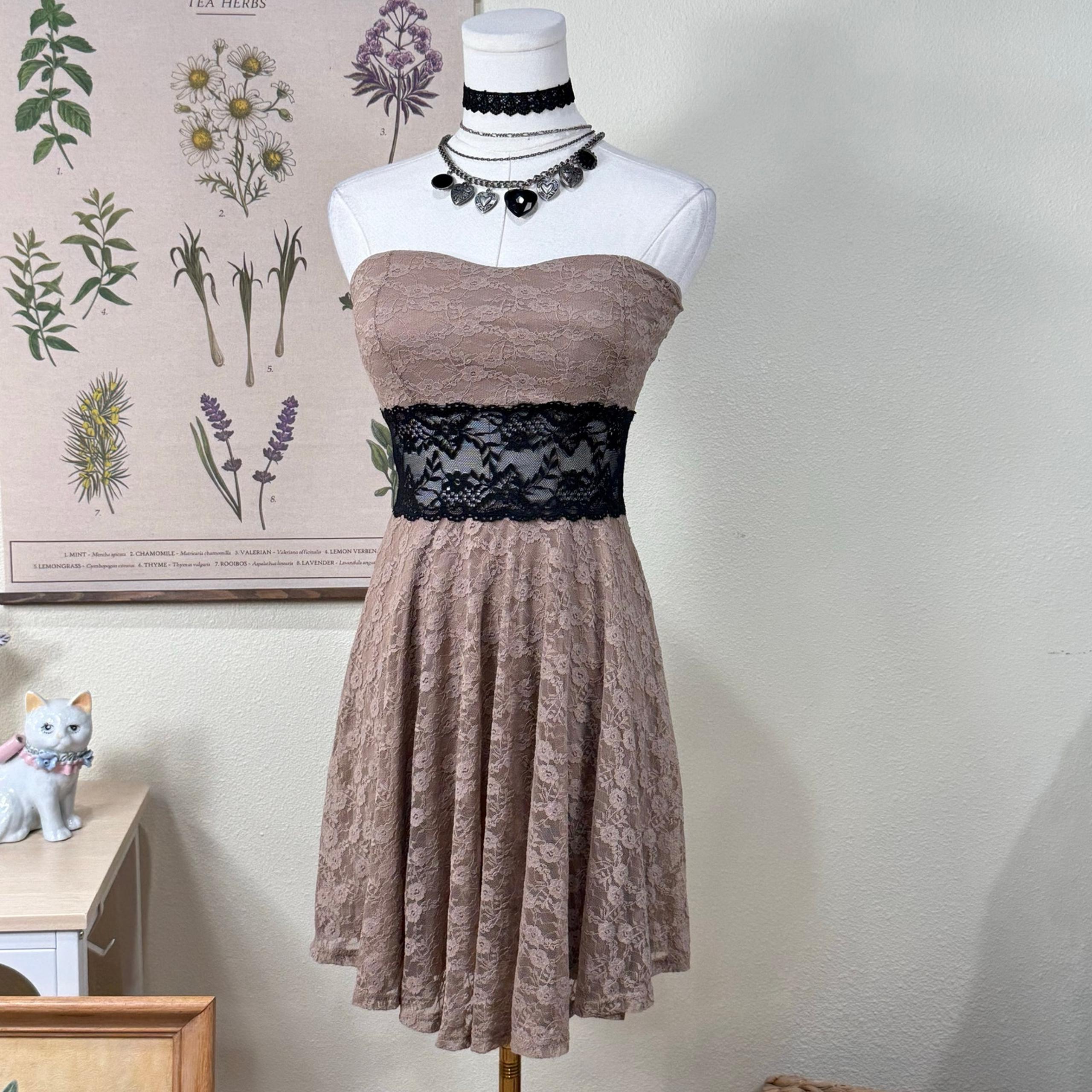 Vintage 90s Floral Mesh Lace Strapless Mini Dress Dark Coquette Fairy Grunge XS