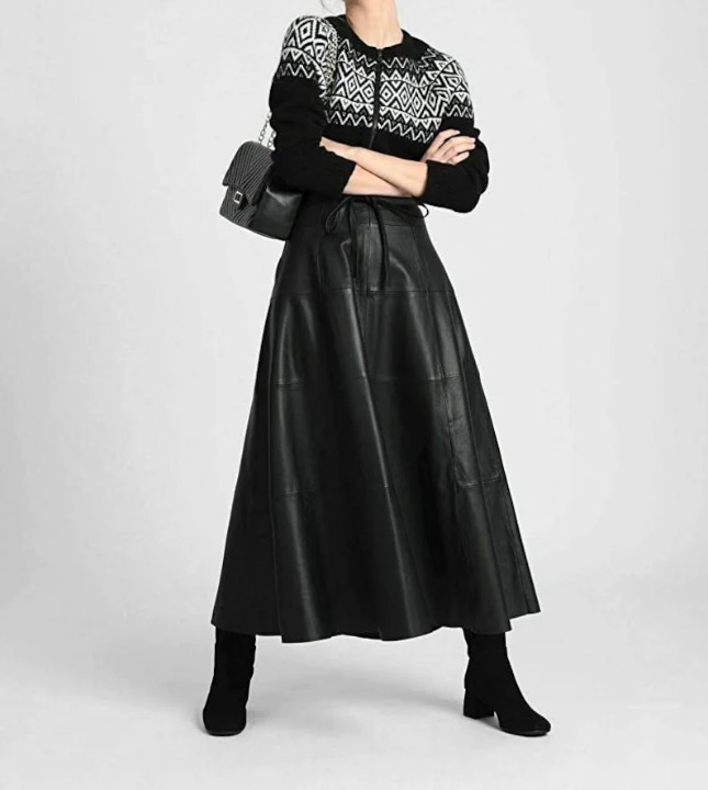 Women's Leather Lambskin Ankle Skirts Leather Vintage Ankle Skirts