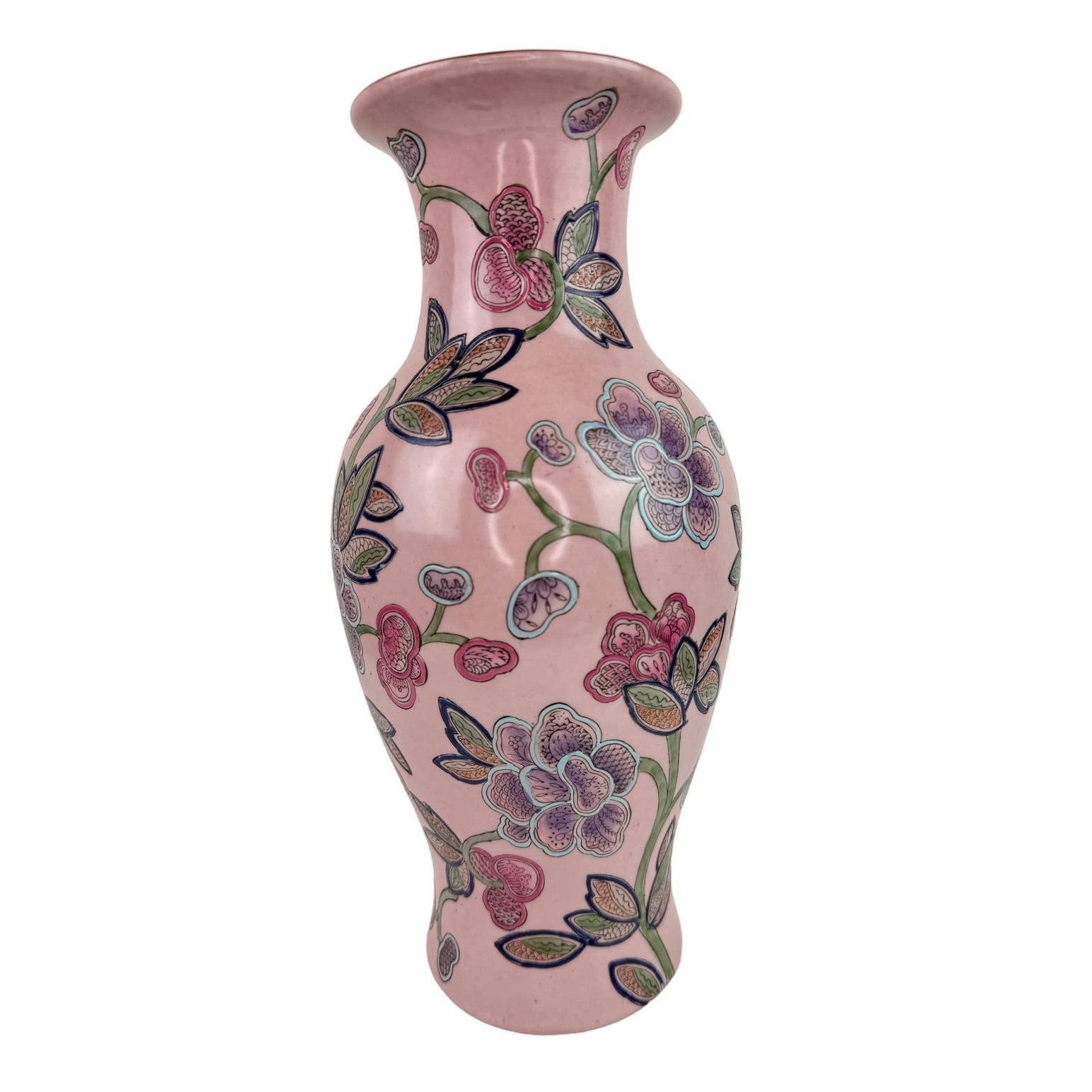 VINTAGE Pink Floral Porcelain Chinese Green Vines Theme Decor Vase Macau 11.5