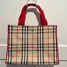 Pre-Owned Burberry London Canvas Tote Bag A4 Nova Check with red handles.