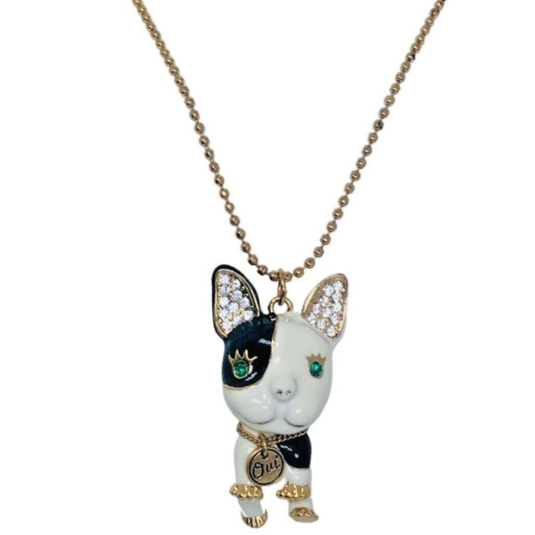 VTG Betsey Johnson Crystal French Bulldog Pendant Necklace 34 Royal Engagement