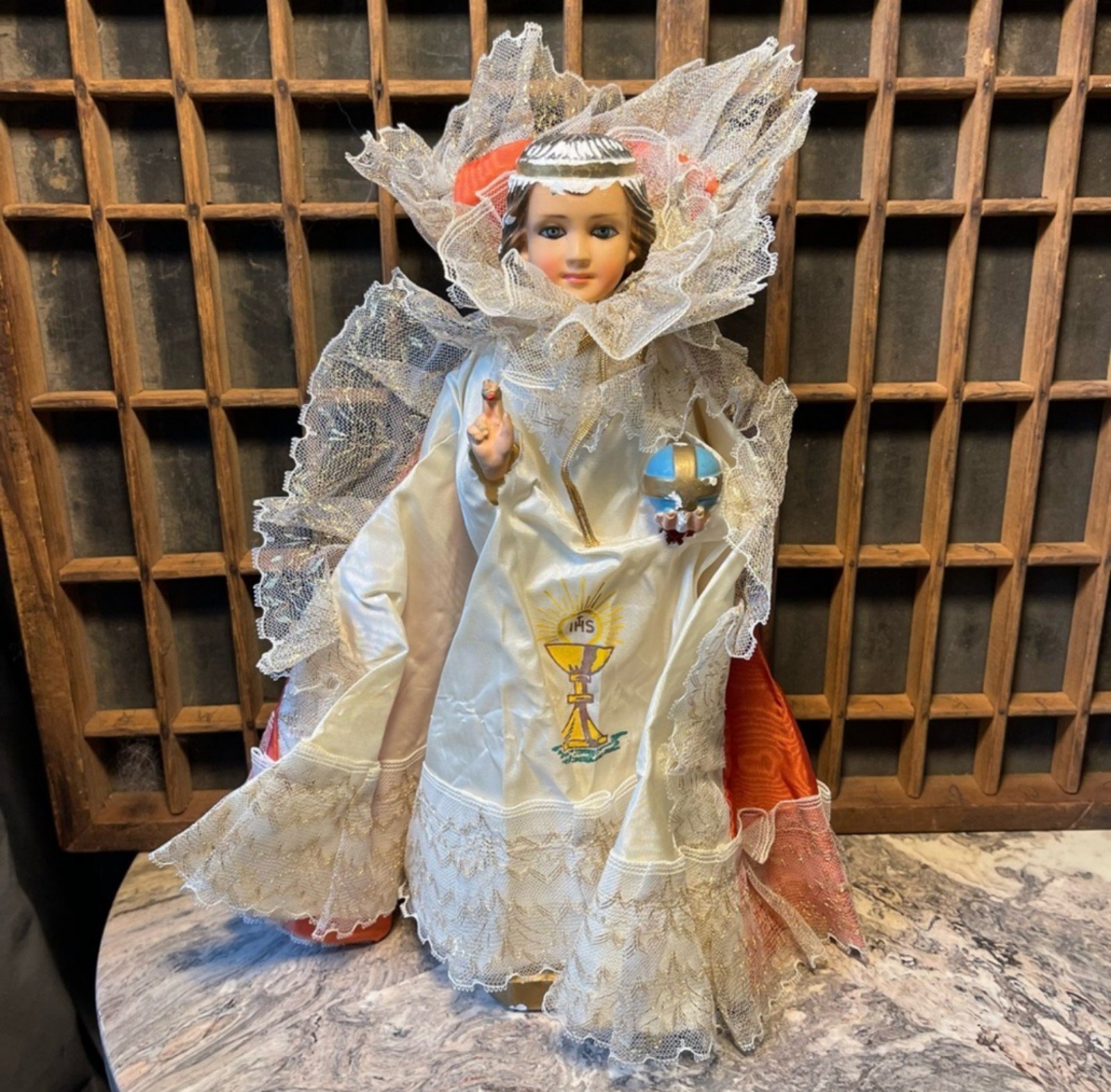 Vintage Chalkware Infant of Prauge Statue with Satin and Lace Cape