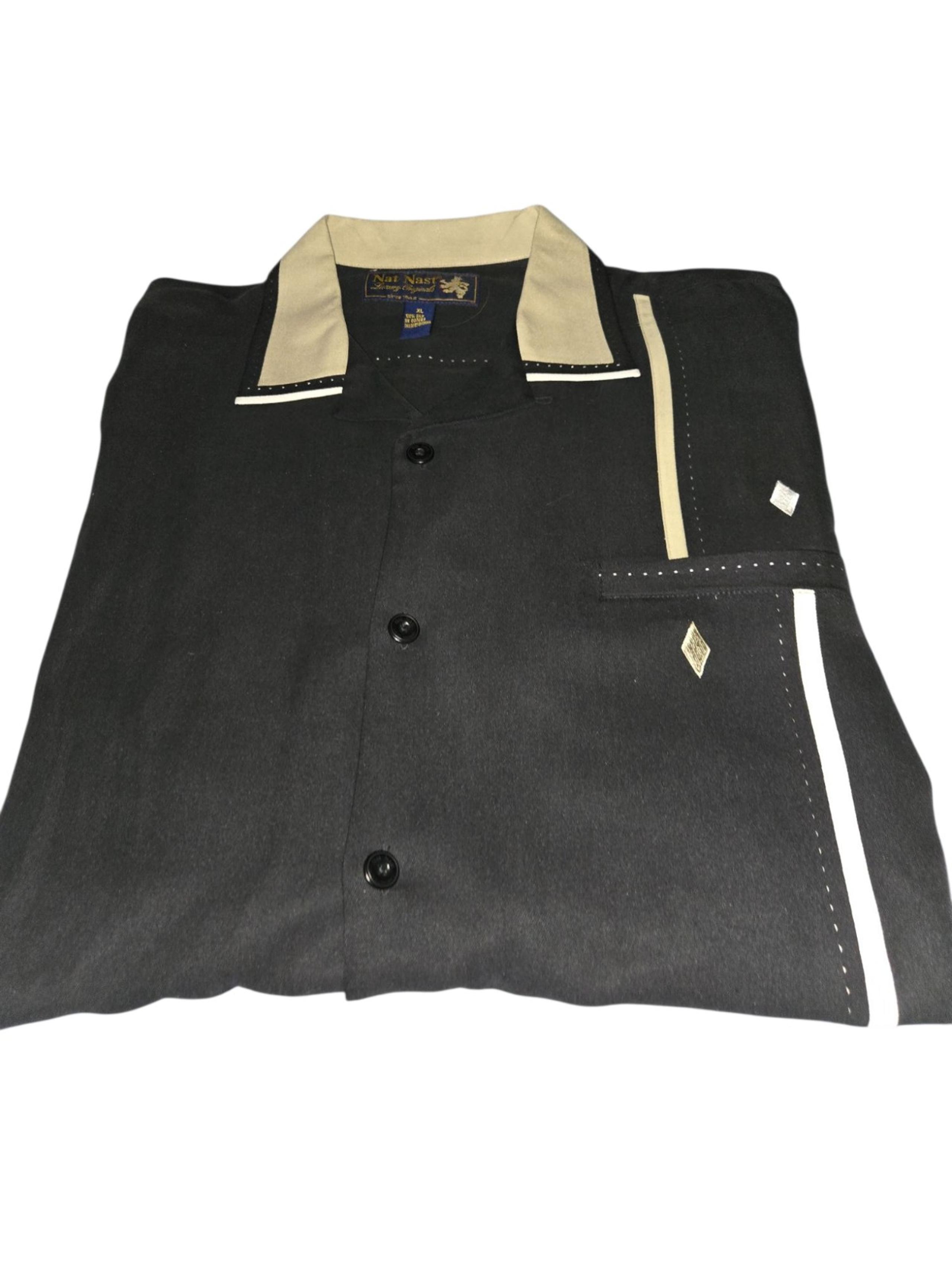 Nat Nast vintage men's shirt short sleeve button front black tan white XL Silk