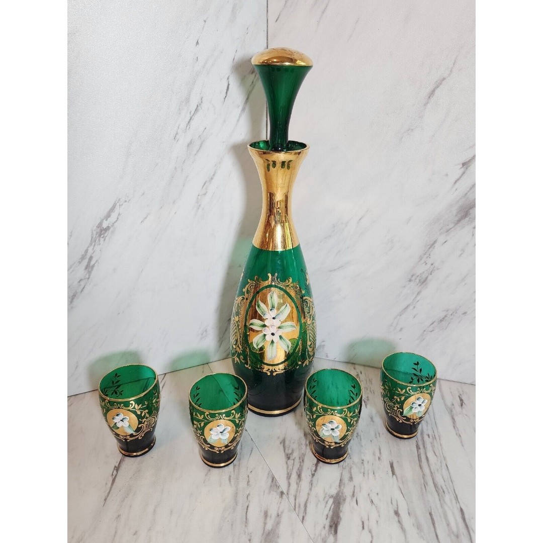 Vintage Murano Green Glass Decanter Set Handmade in Murano, Italy w/24kt Gold