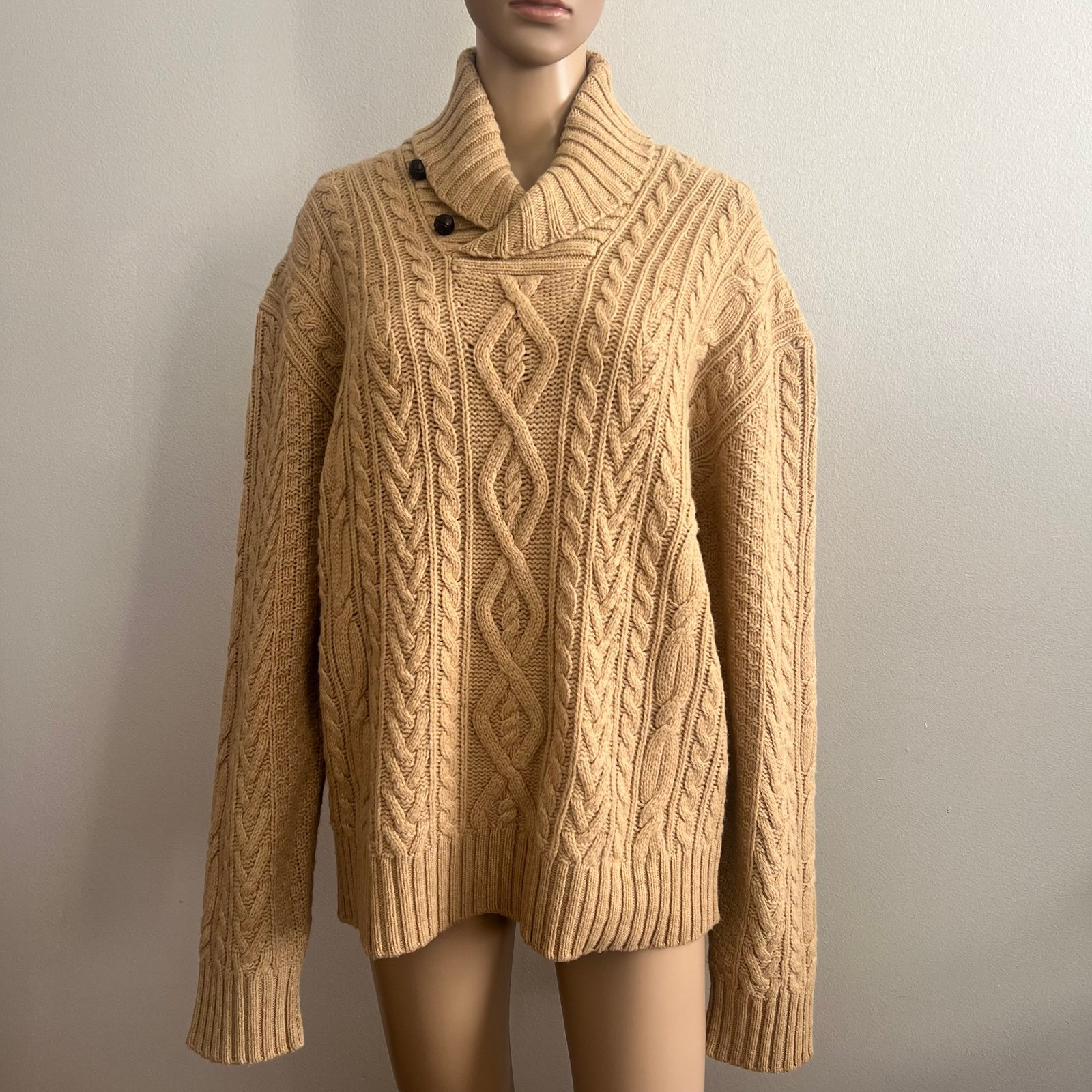 Polo Ralph Lauren Aran Knit Fisherman Sweater Shawl Collar Lambs Wool Size L