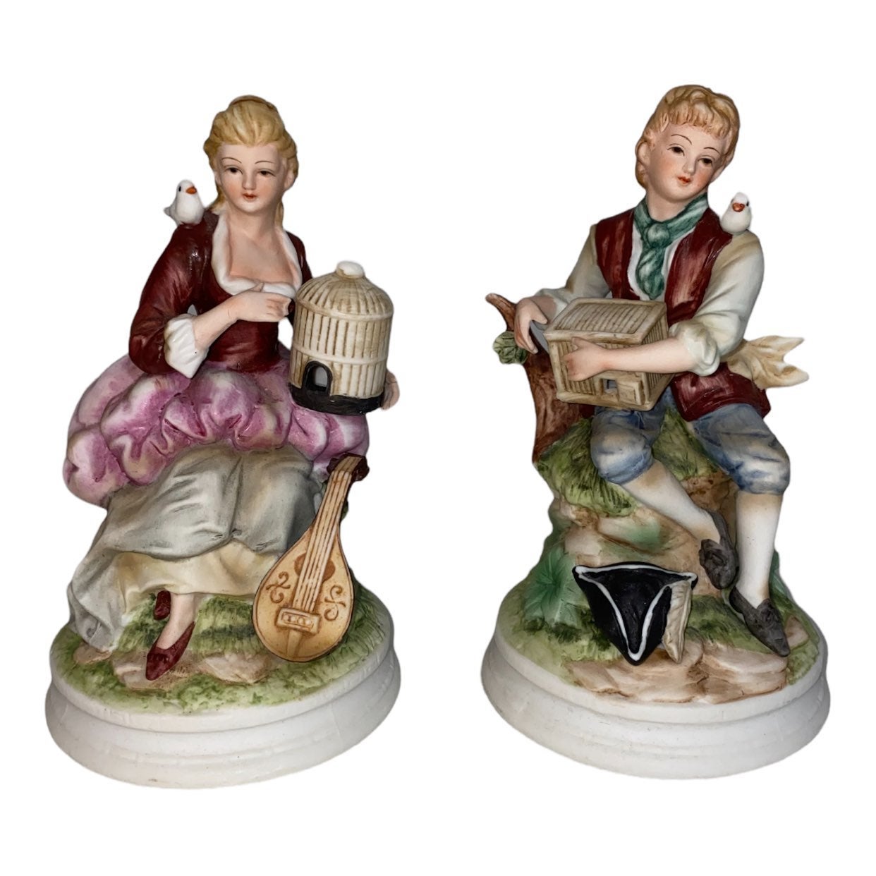 Vintage Andrea by Sadek Figurines, Man & Woman with Pigeons, Birds,7977,Colonial