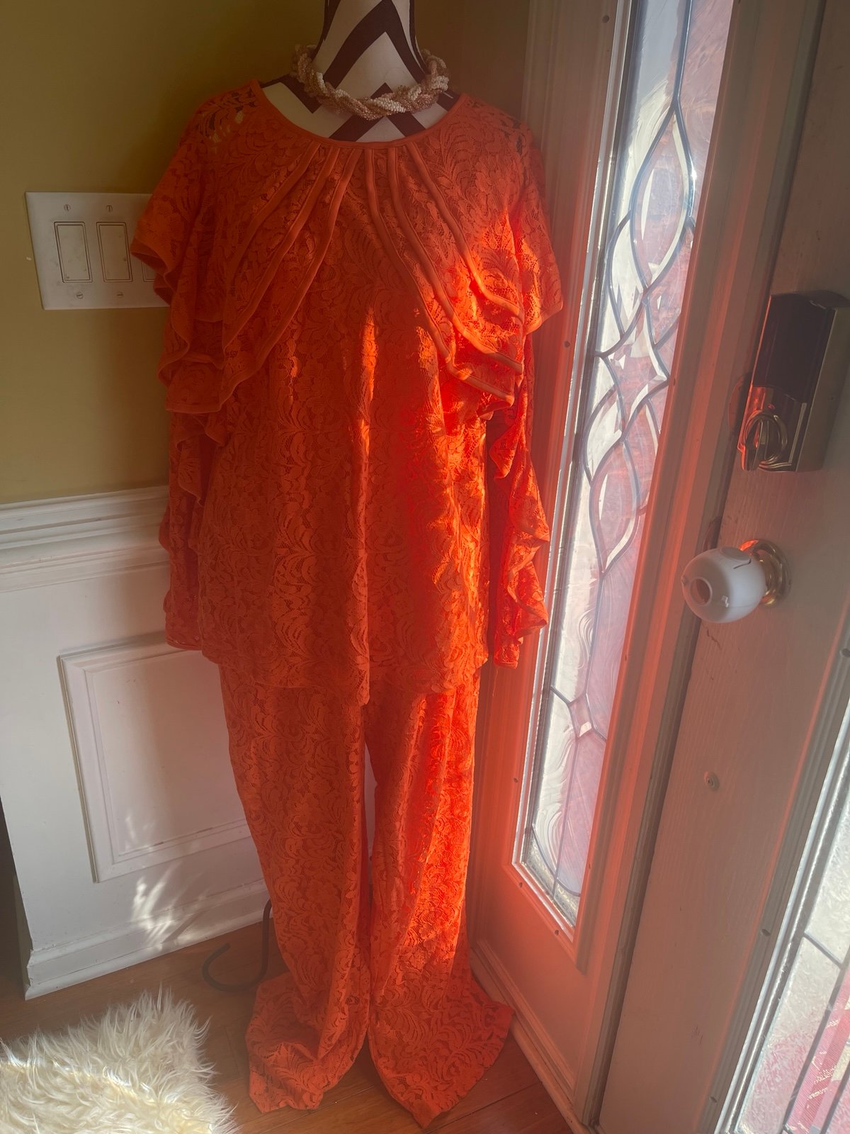 NWT Ashley Stewart orange lace top ruffle &pants the top is SZ 16 pants SZ18 see