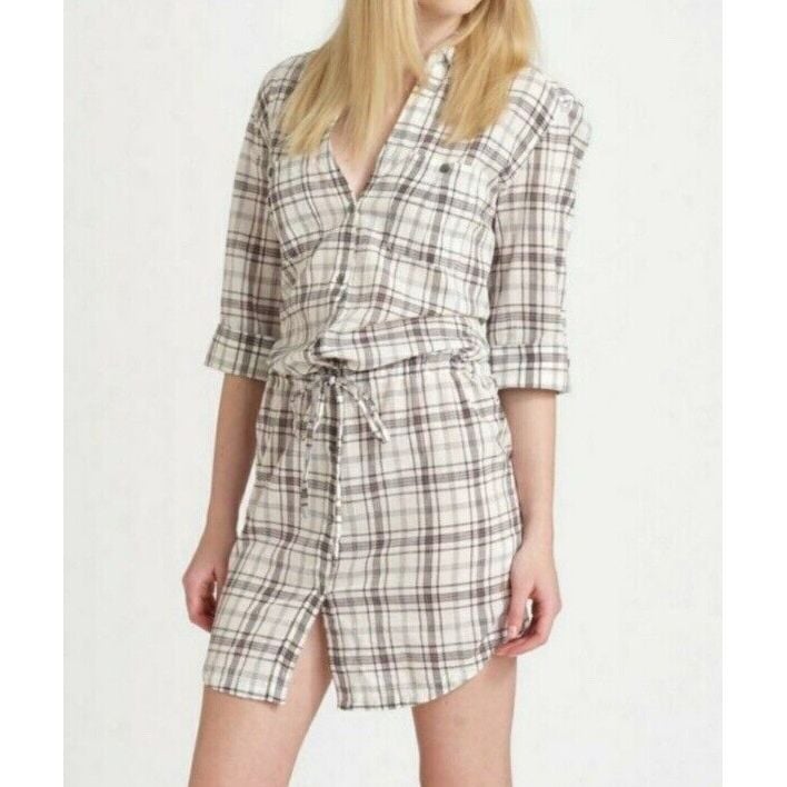 James Perse Womens Shirt Dress Size 0 XS Black White Plaid Tie Waist