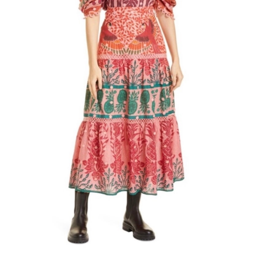 S FARM RIO Pink Ainika Print Macaws Maxi Skirt Belted
