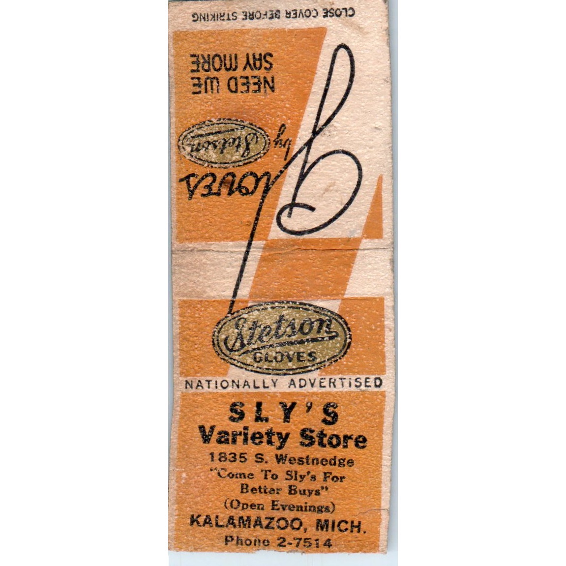Sly's Variety Store Stetson Gloves Kalamazoo MI Vintage Matchbook Cover SF4-Y2