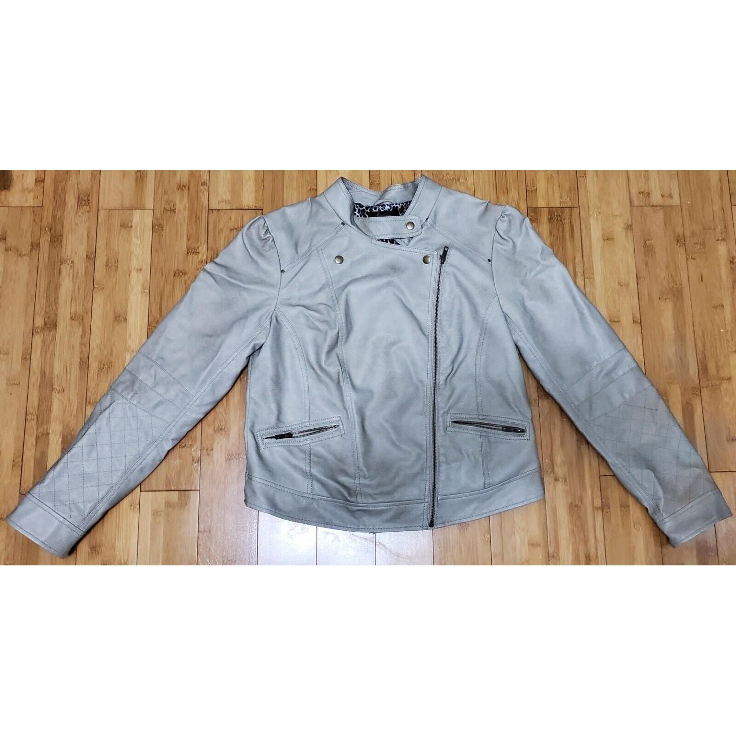 Jessica Simpson Womens Faux Leather Moto Jacket Gray Full Zip Snap Button Sz XL