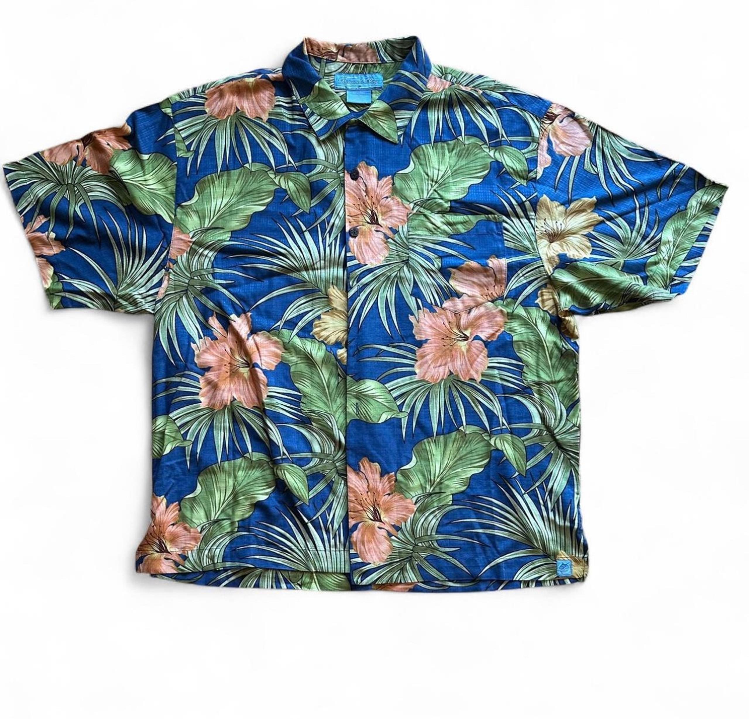 Bermuda Bay Blue Floral Men's Silk Hawaiian Shirt Size 2XL