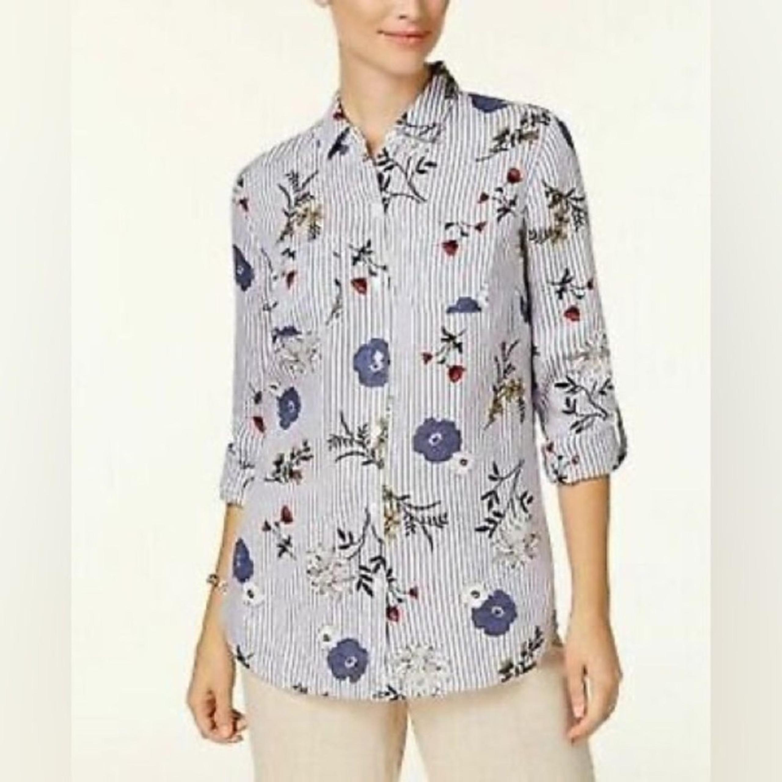 Charter Club Women's Linen Floral Striped Button Down Shirt White Combo 1X