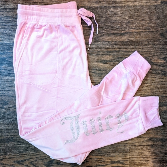 New XL JUICY COUTURE Pink Velour BLING Tracksuit Pants Joggers