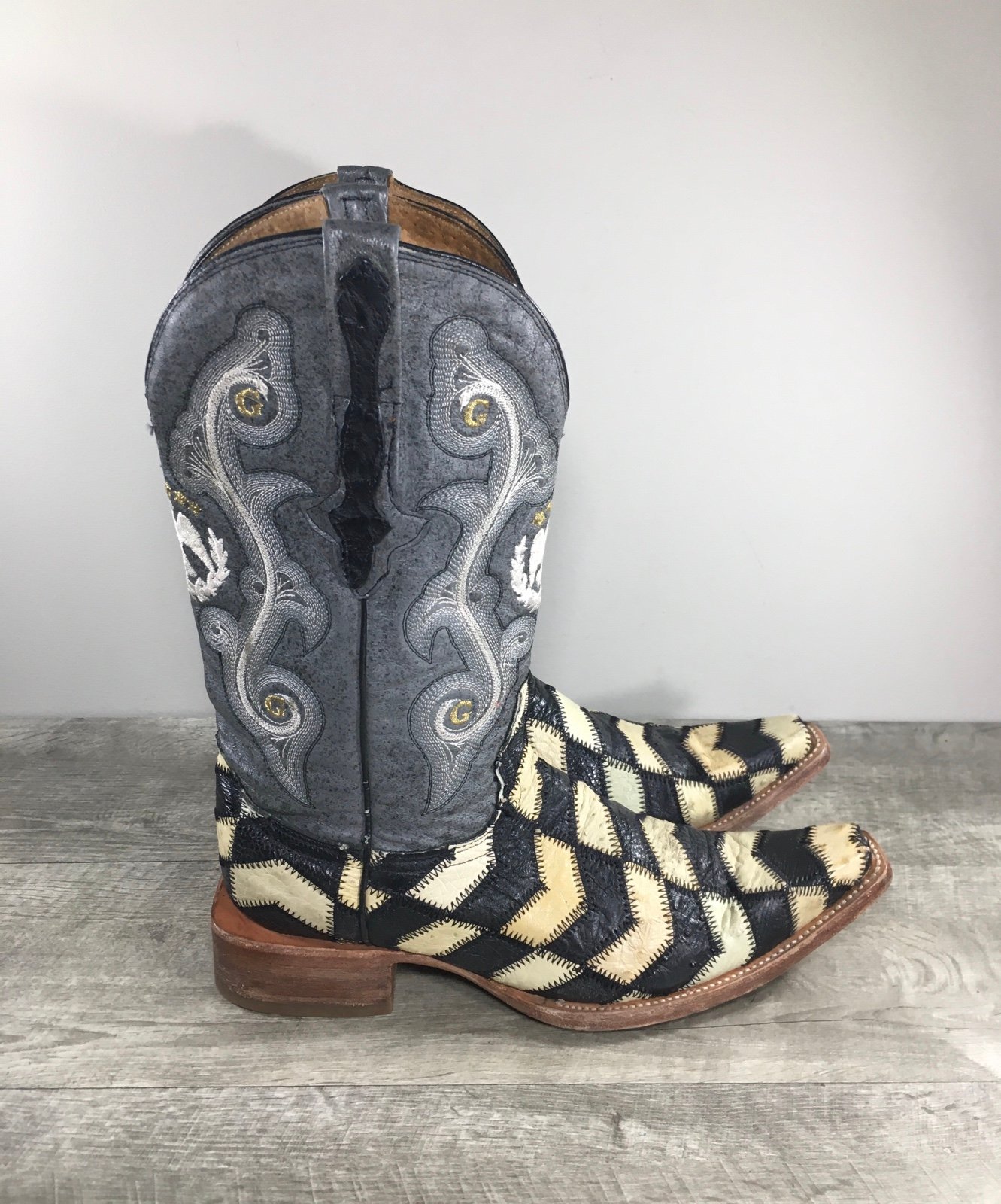 El General Checkboard Patchwork Leather Cowboy Western Pull-On Mens Boots Size 8
