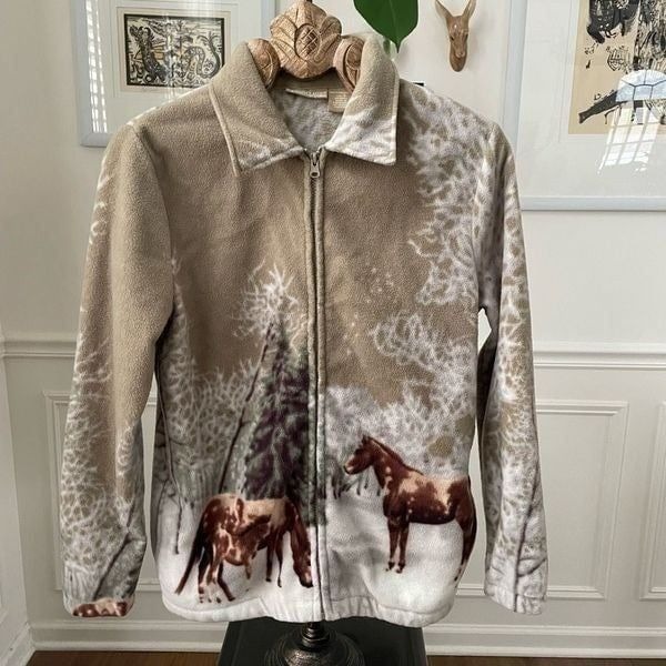 Vintage Full Zip Fleece Winter Horse Snow Scene S