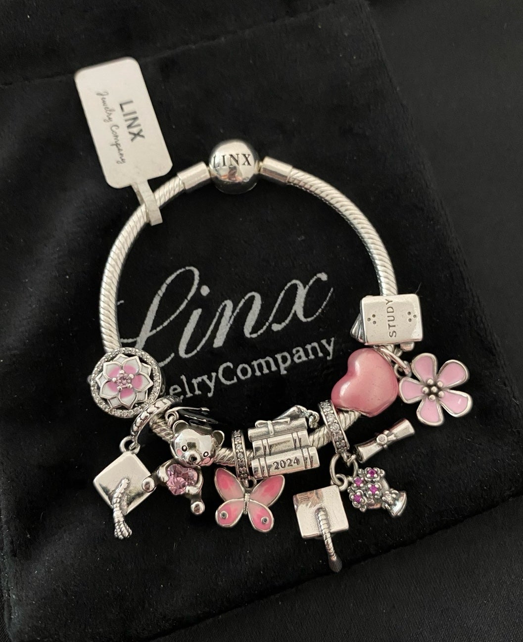 Linx Snake Chain Bracelet with Pink Class of 2024 Graduation Themed Charms