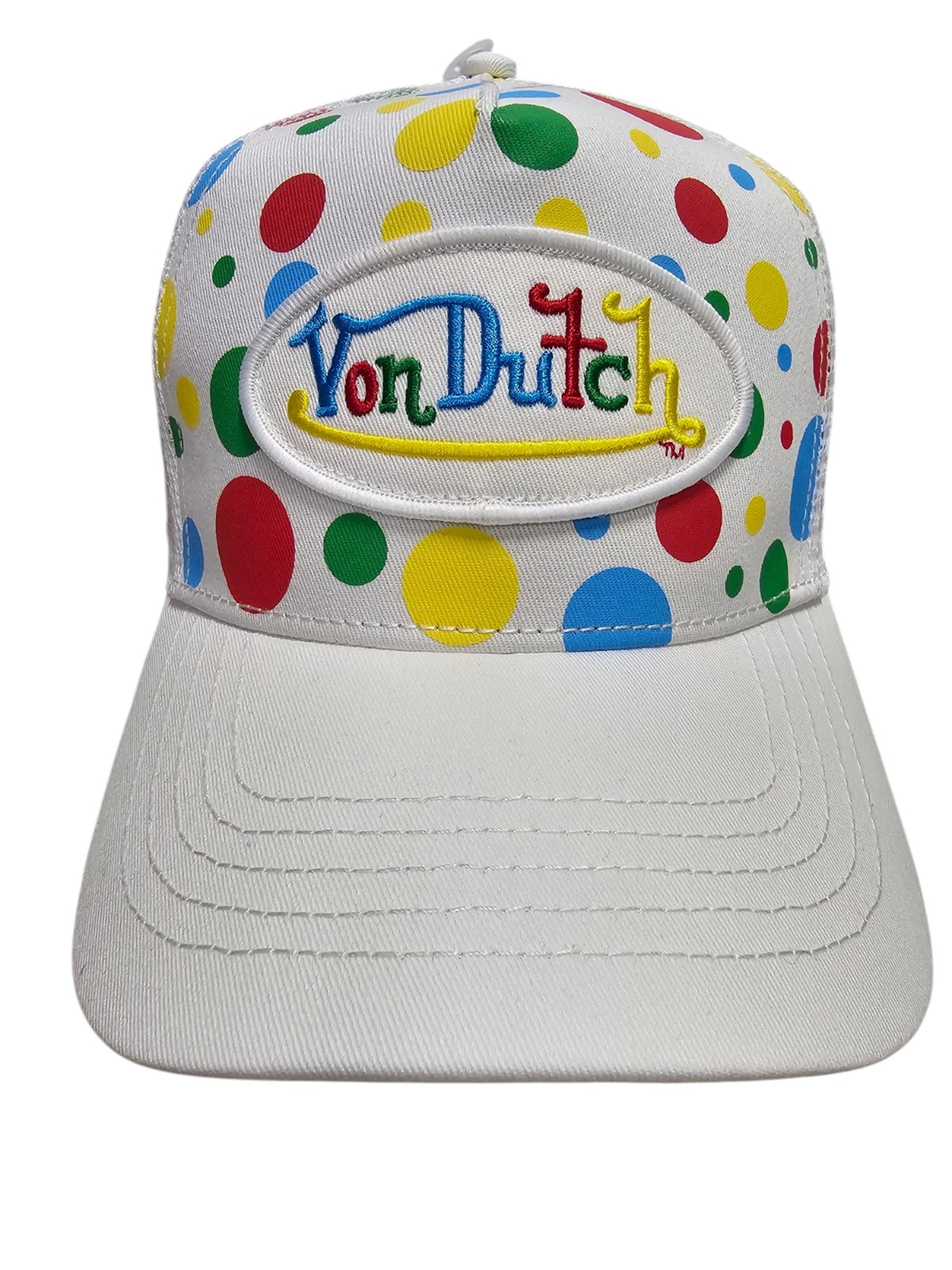 Von Dutch Trucker Hat White Polka Dot Embroidered Logo Patch Snapback Mesh Cap