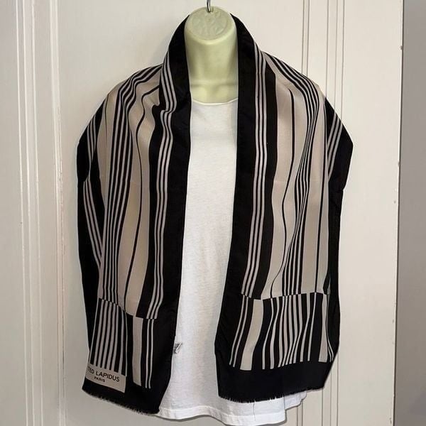 Vintage Ted Lapidus Paris silk black & tan striped long scarf