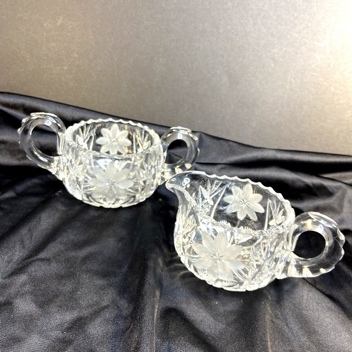 Antique American Brilliant Cut Crystal Glass Sugar Bowl & Creamer Flower