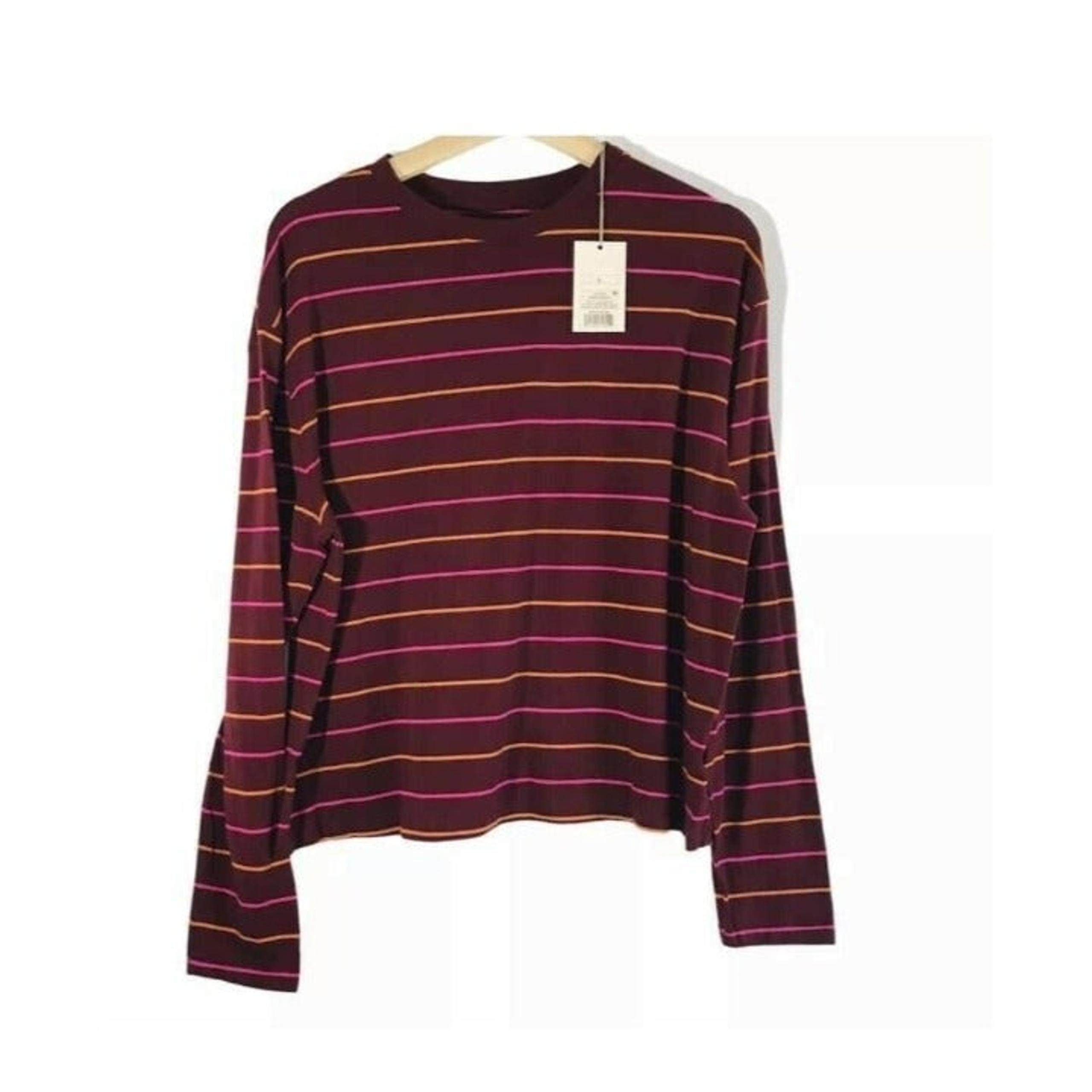 A New Day Burgundy Stripe Long Sleeve Stretchy Knit Top LARGE Soft Comfy NWT