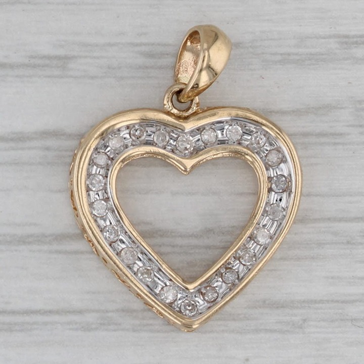 0.12ctw Diamond Open Heart Pendant 10k Yellow Gold Reversible I Love You