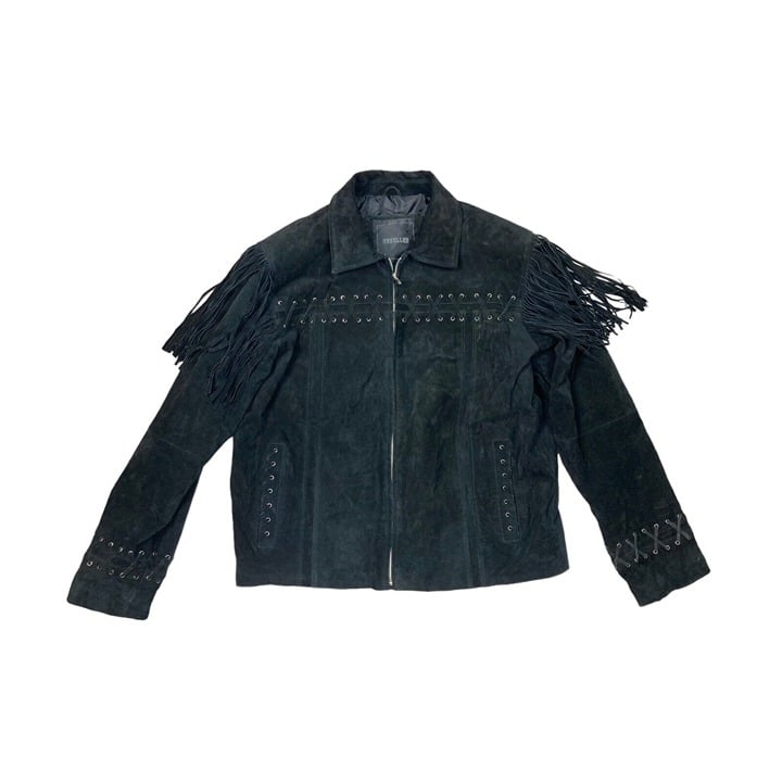 *Vintage Excelled Black Suede Leather Fringe Coat Jacket Womens Sz M Zip Western