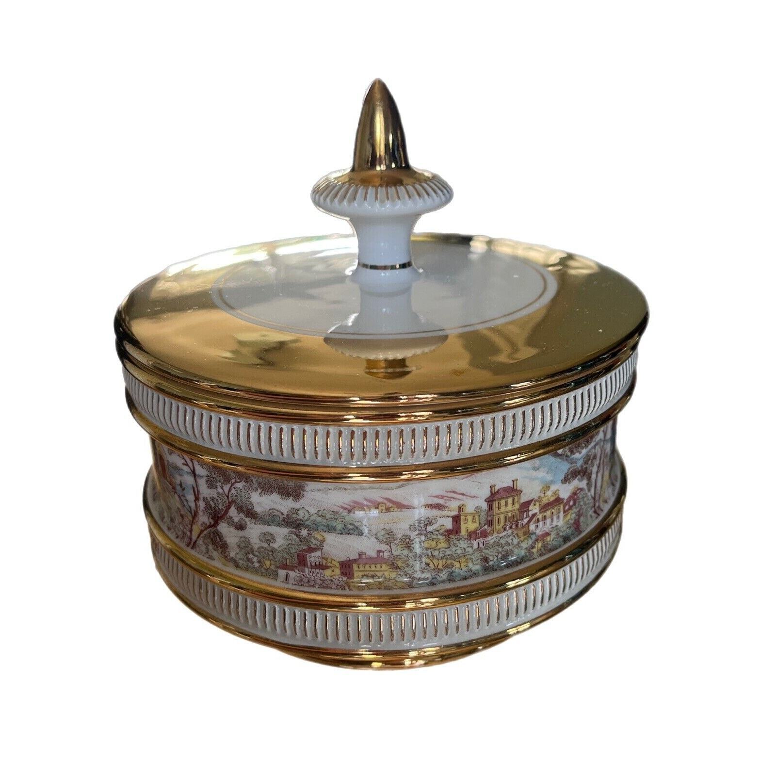 Vintage SSF Italian Porcelain Gilt Footed Pedestal Bowl Lid Country Side Scene
