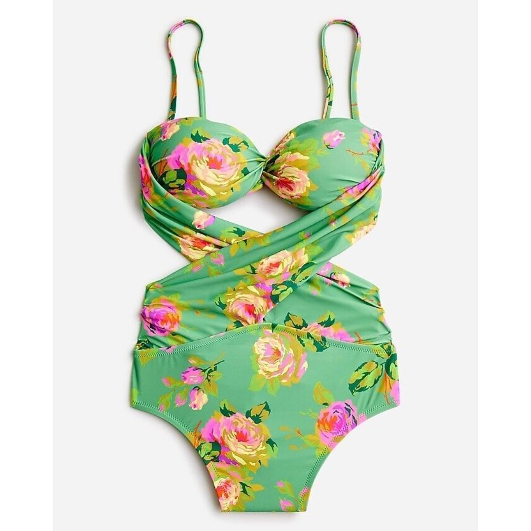 J Crew One Piece Swimsuit Womens Plus Size 20 Green Floral Wrap Cut Out Bandeau