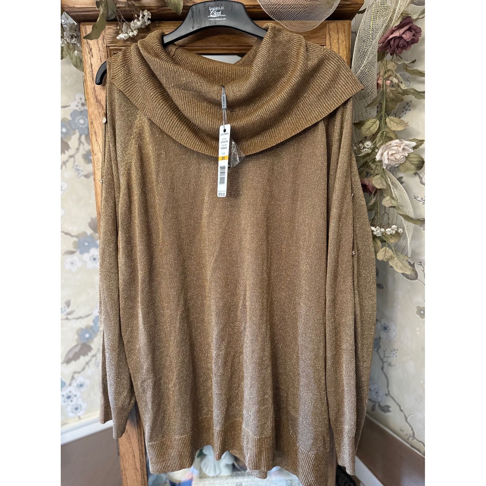 Joseph A. Cowl Neck Metallic Knit Jeweled Sweater Sparkle Top Tapenade 3X
