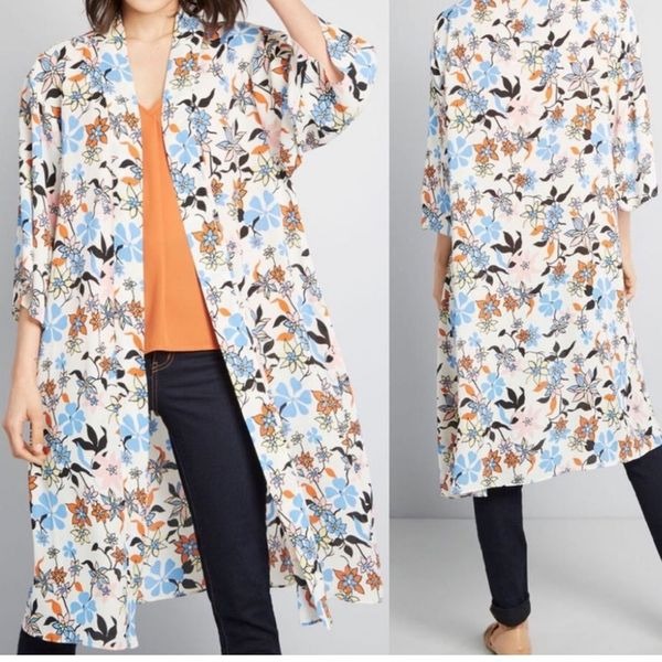 Modcloth Floral Printed Open Front Inviting Opportunity Longline Kimono Cardigan