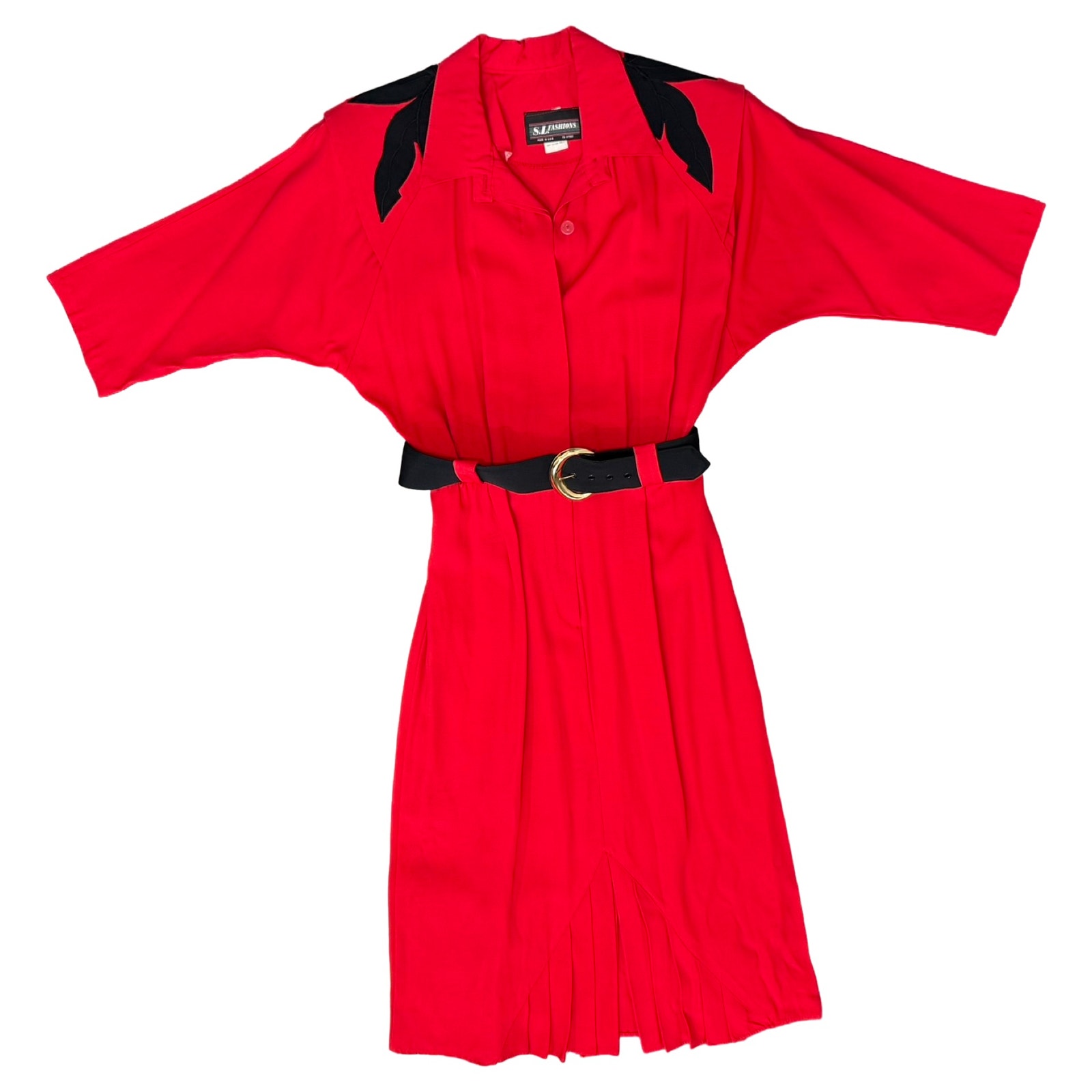Vintage 80s Red Black Collared Belted Pleated Shoulder Pads Midi Dress size M