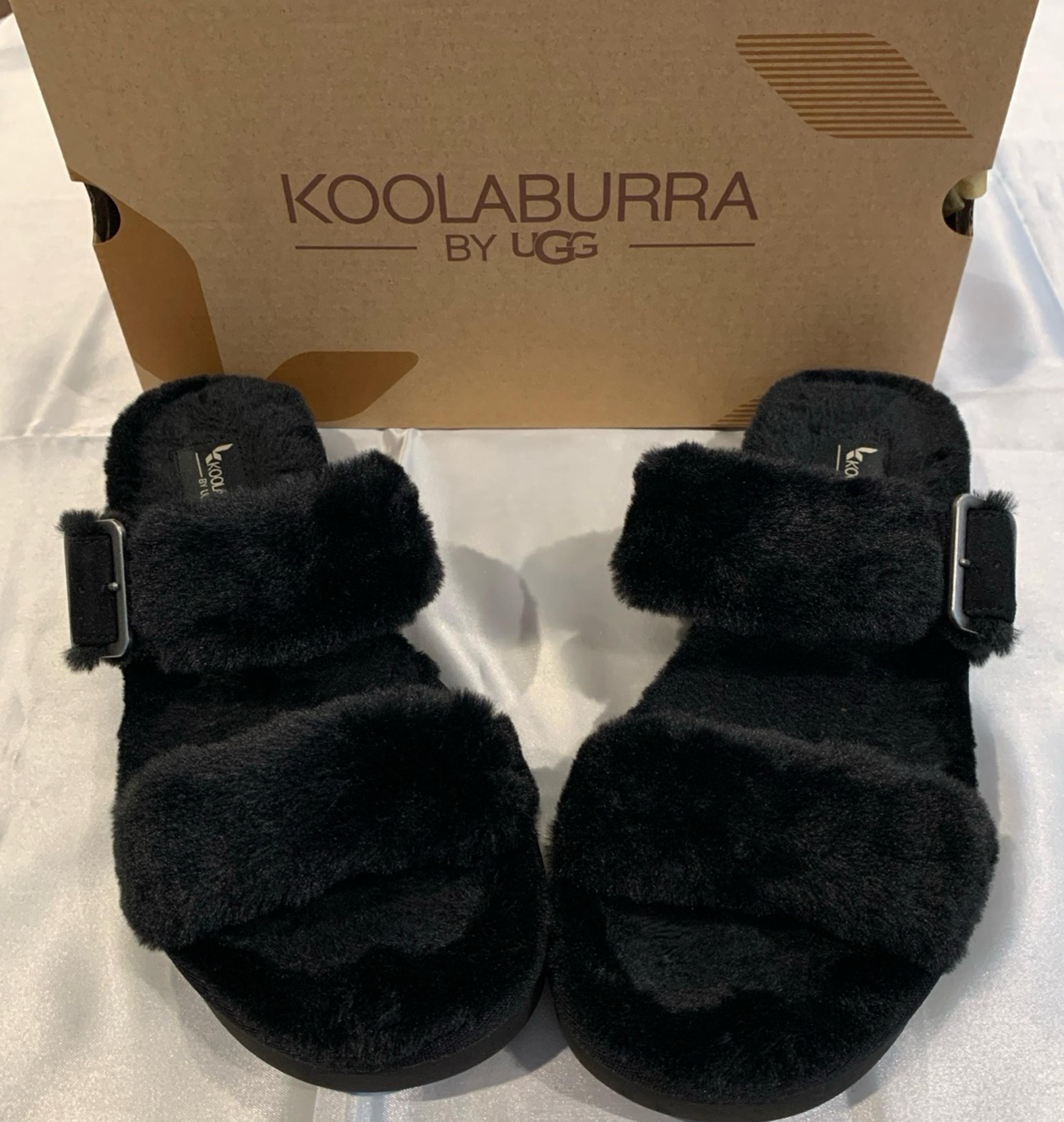 New Women’sKoolaburra by UGG FURR-AH Black Faux Fur Slide Slipper Sandals Size 7