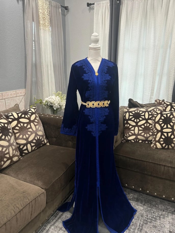 New Blue Velvet Kaftan with matching belt
