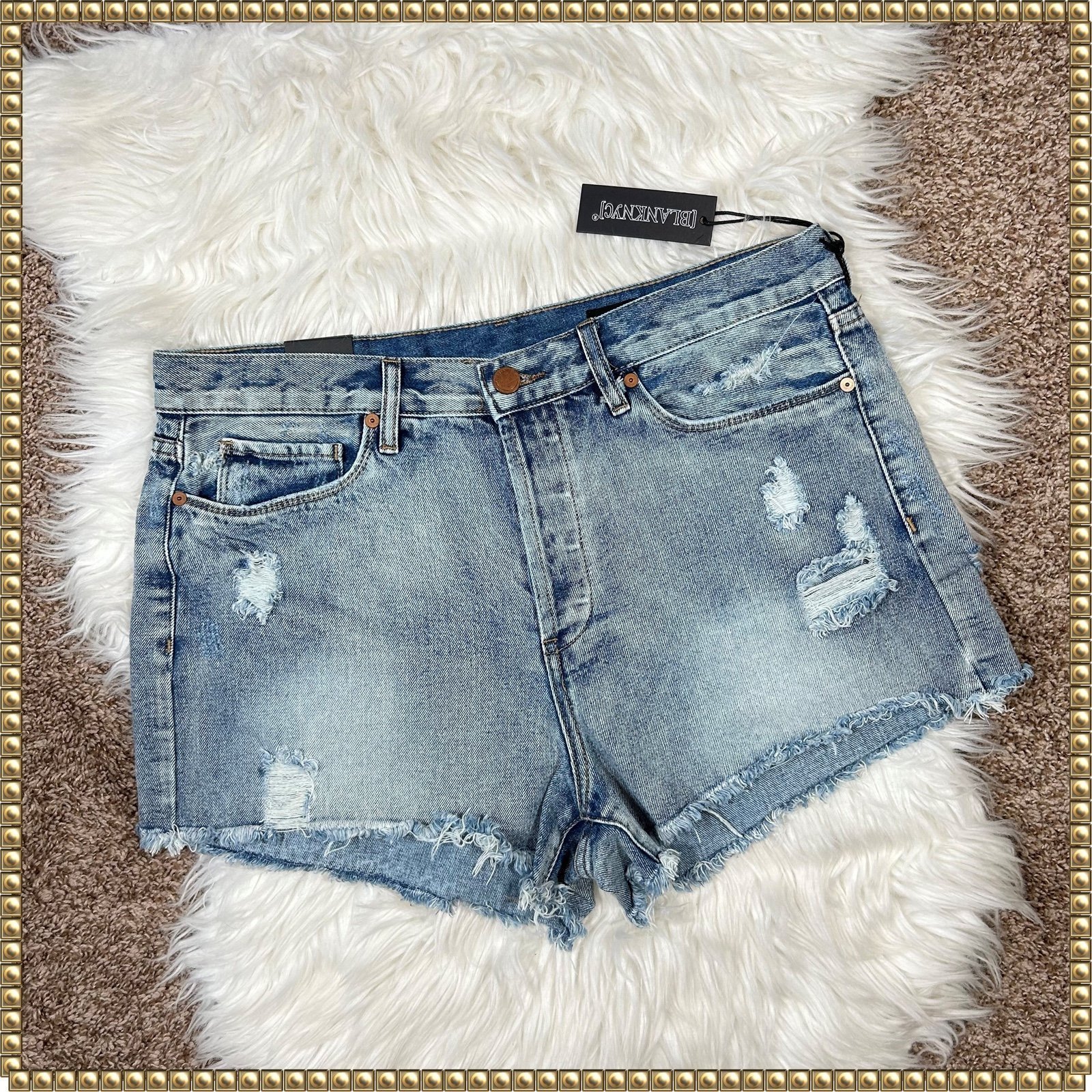 NWT BLANK NYC Distressed Ripped Frayed Mid-Rise Denim Blue Jean Shorts Size 24