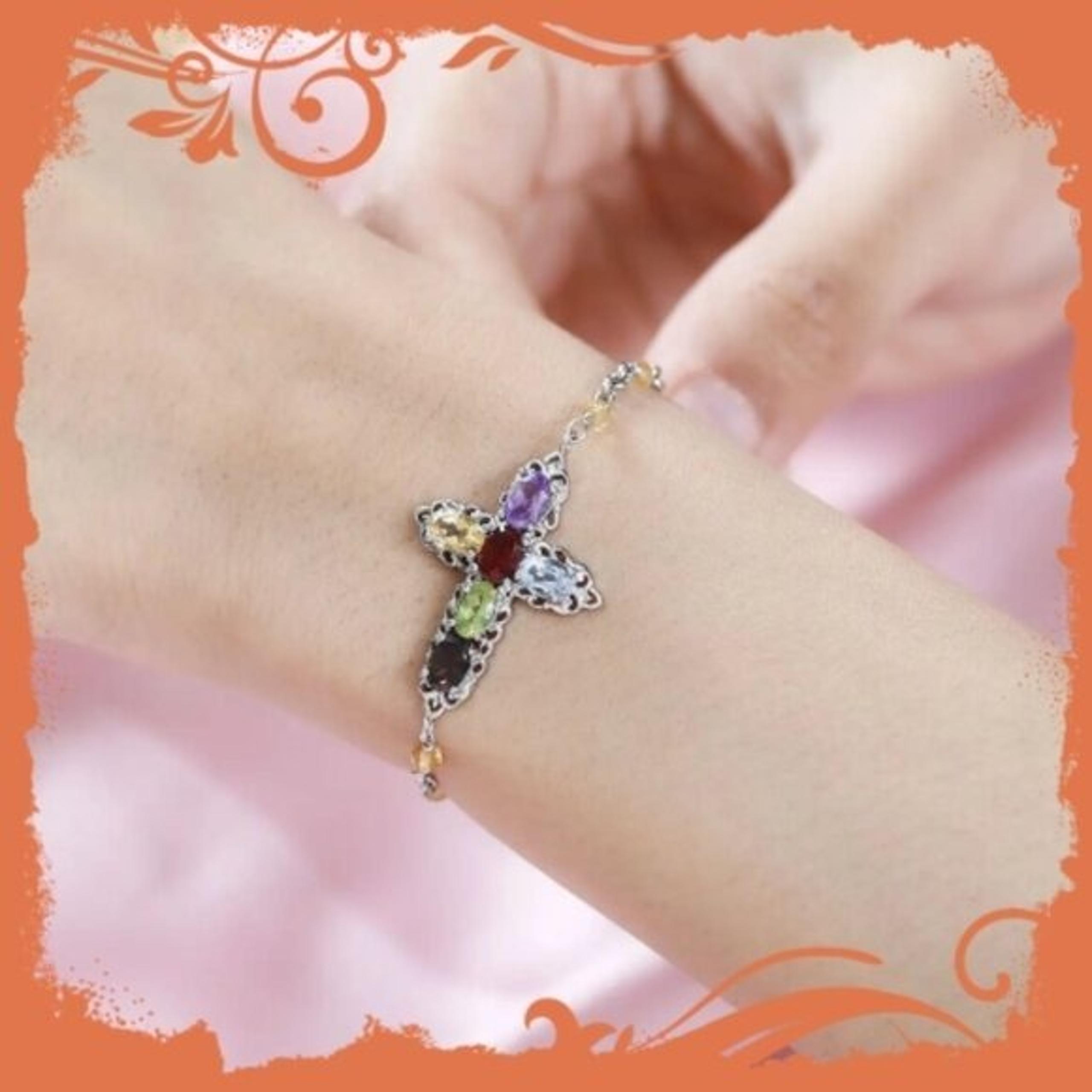 New Karis Multi Gemstone Cross Bracelet in Platinum Over Sterling Silver