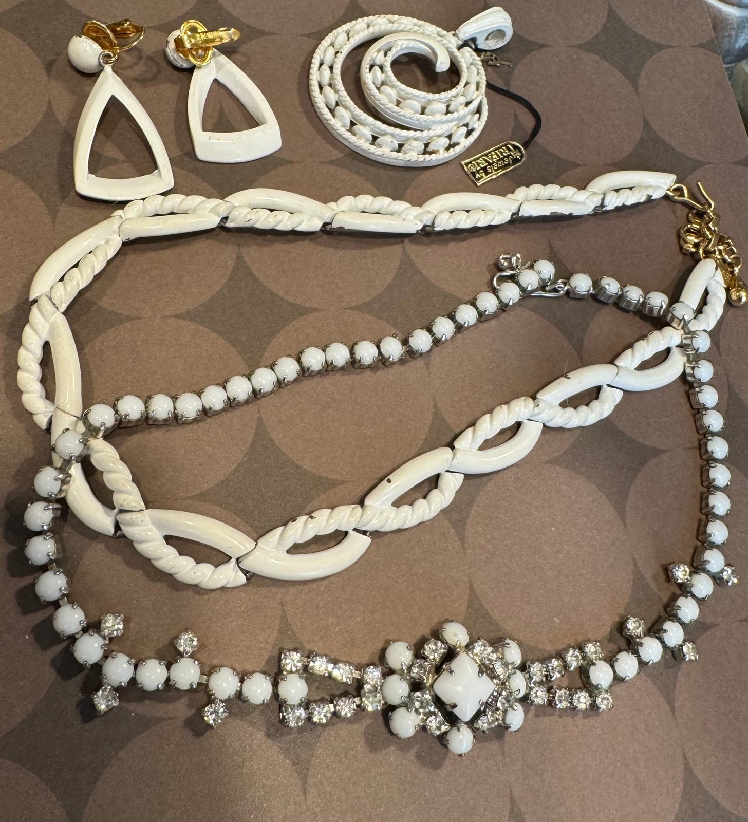 Vintage Trifari Jewelry, Pendant & Earrings Milk Glass Rhinestone Necklace