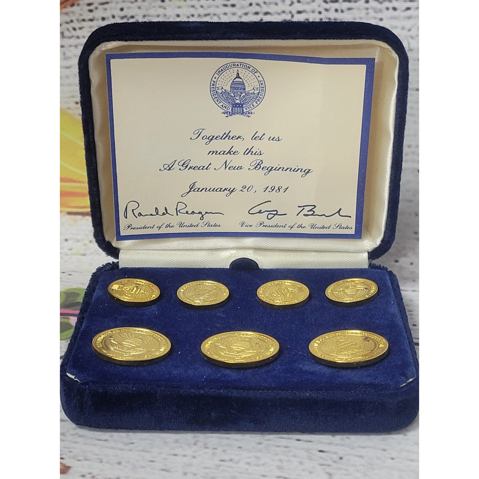 One boxed set of 7 gold filled commemorative blazer buttons NWT