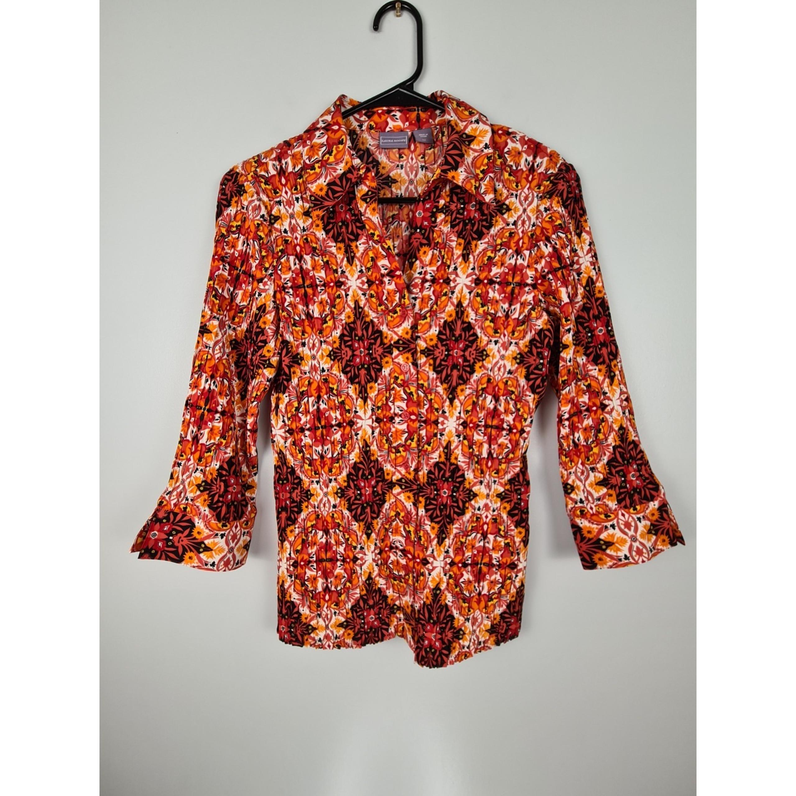 Laura Scott Women's Orange Pleated Paisley Scrunched Button-up Blouse S Top Boho