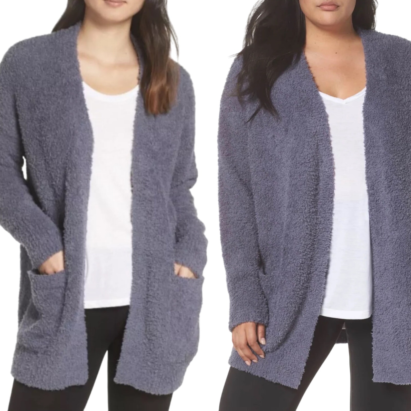 Barefoot Dreams CozyChic Cardigan Sweater Ribbed Knit Trim Longline Blue Medium