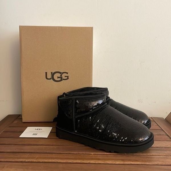 UGG Classic Ultra Mini Mirror Ball Sequins Black Women size 8