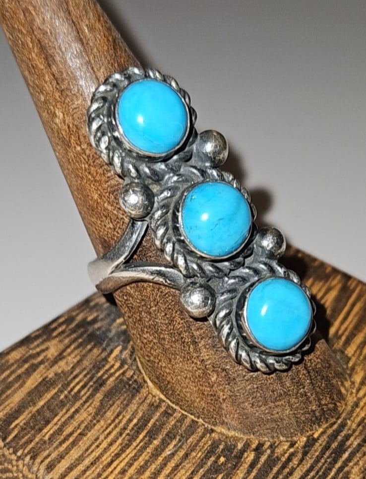 Oxidized HEAVY 925 Sterling Silver Kingman Turquoise Elongated Ring Sz 8