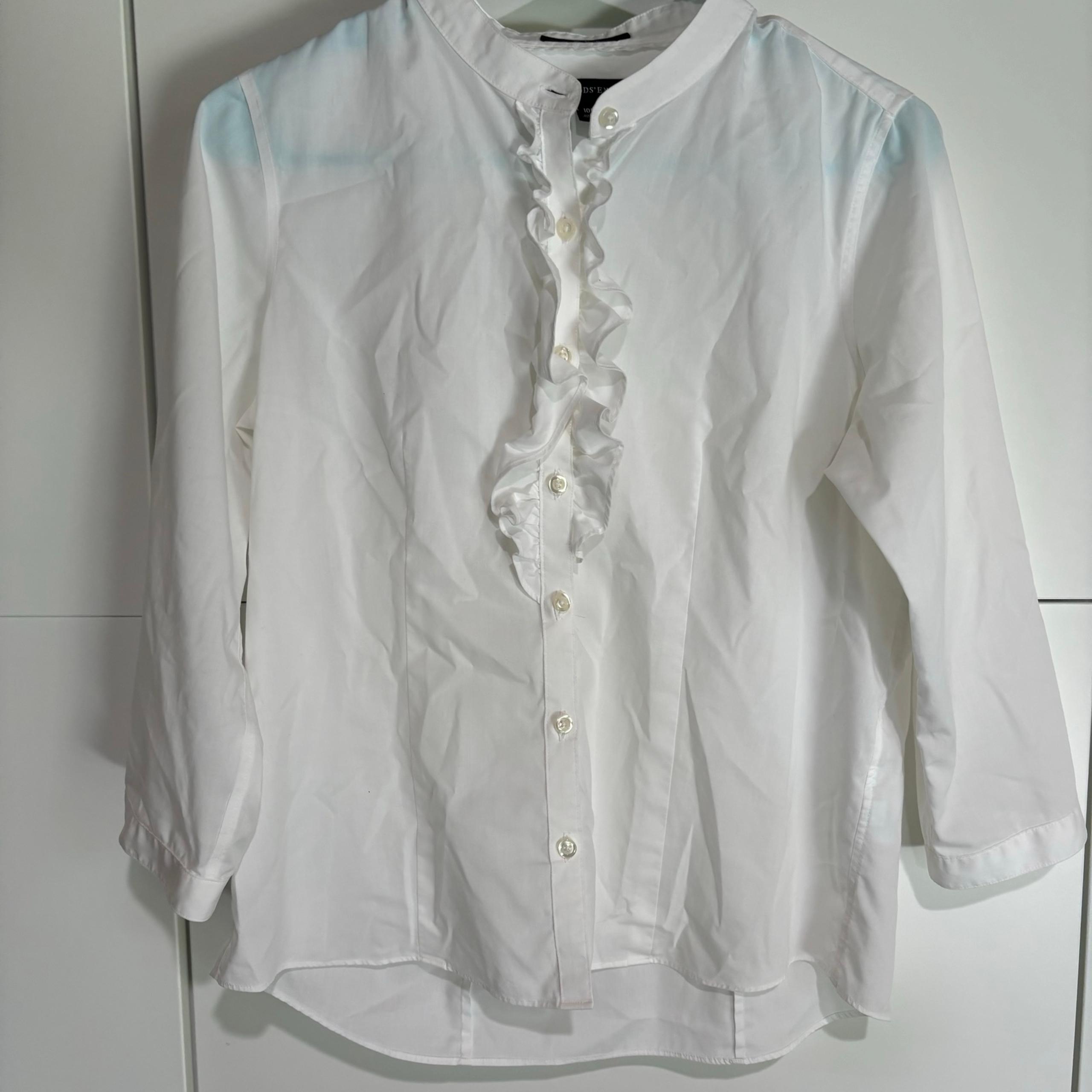 Lands End Womens No Iron Blouse White Top Shirt Ruffle Preppy Office Petite 10