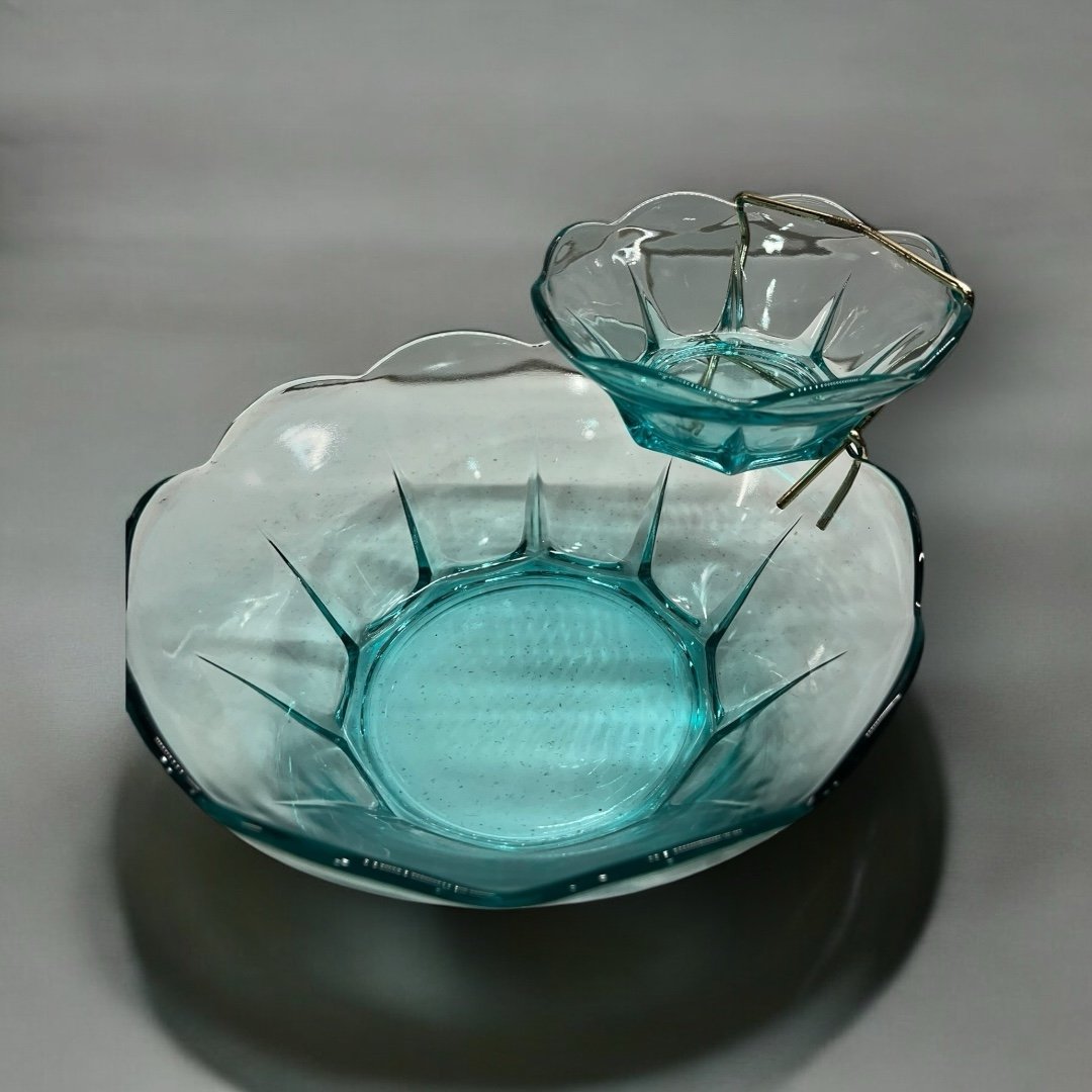 Rare Sea Glass color vintage mid century chip and dip bowl