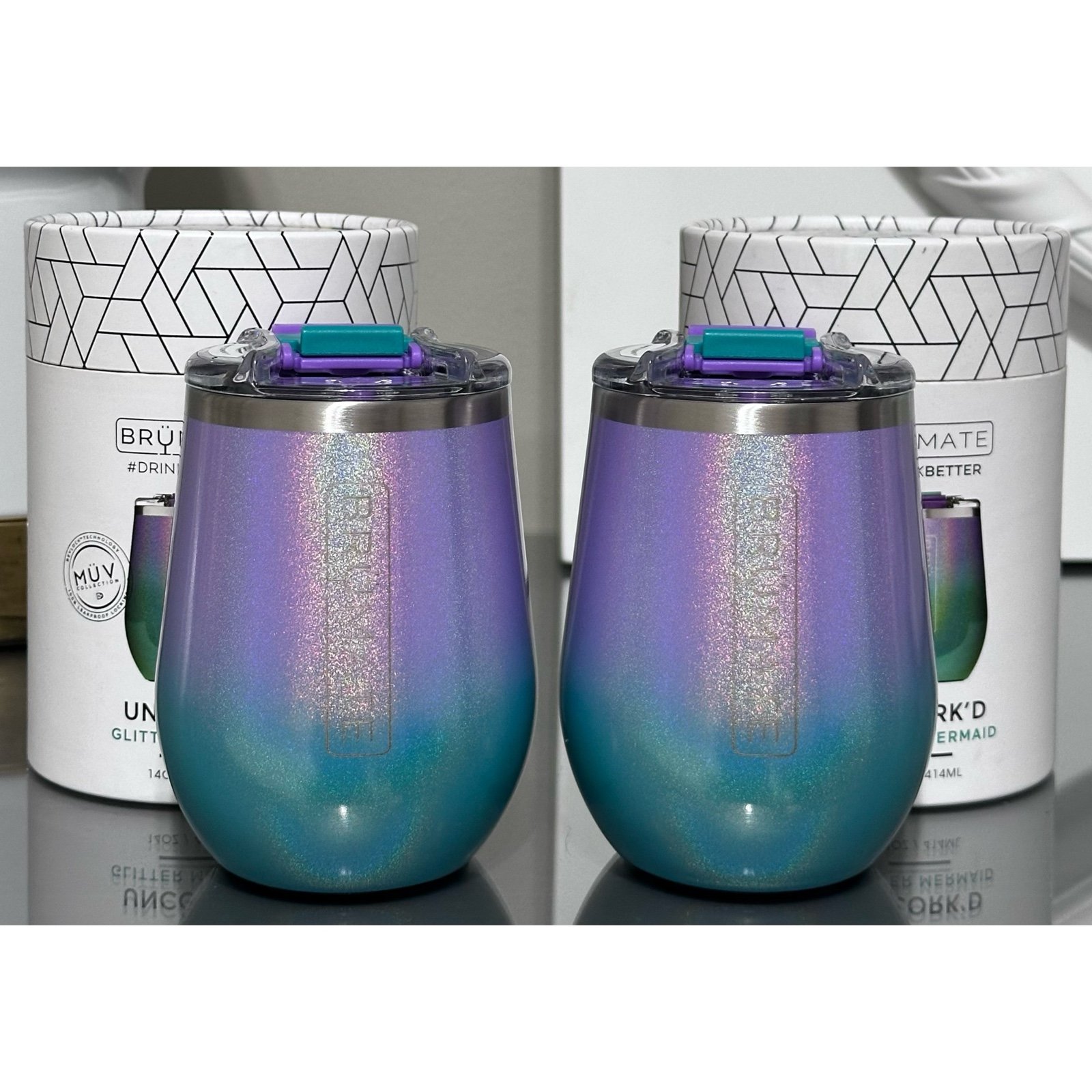 SET OF 2- BRUMATE UNCORK'D XL 14oz WINE TUMBLERS, GLITTER MERMAID