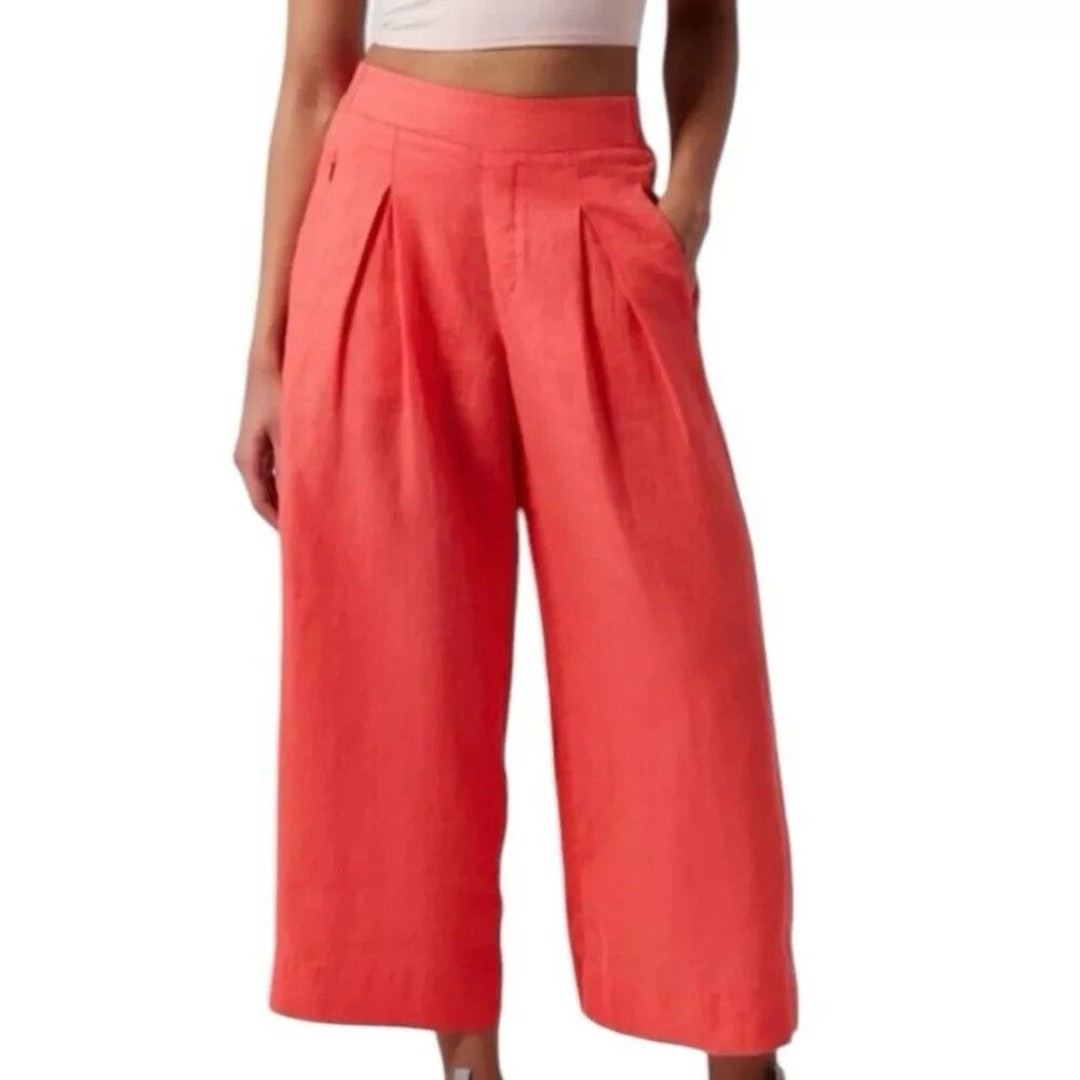 ATHLETA Linen Pants 8 Playa Linen Wide Leg Crop Coral Salmon
